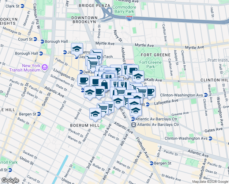 map of restaurants, bars, coffee shops, grocery stores, and more near 1 Flatbush Avenue in Brooklyn