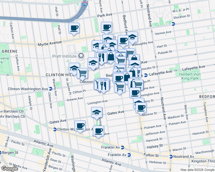 map of restaurants, bars, coffee shops, grocery stores, and more near 404 Lafayette Avenue in Brooklyn