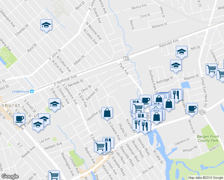 map of restaurants, bars, coffee shops, grocery stores, and more near 14 Vermont Street in Lindenhurst