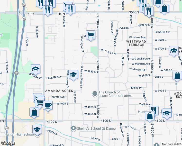 map of restaurants, bars, coffee shops, grocery stores, and more near 5255 West 3830 South in West Valley City
