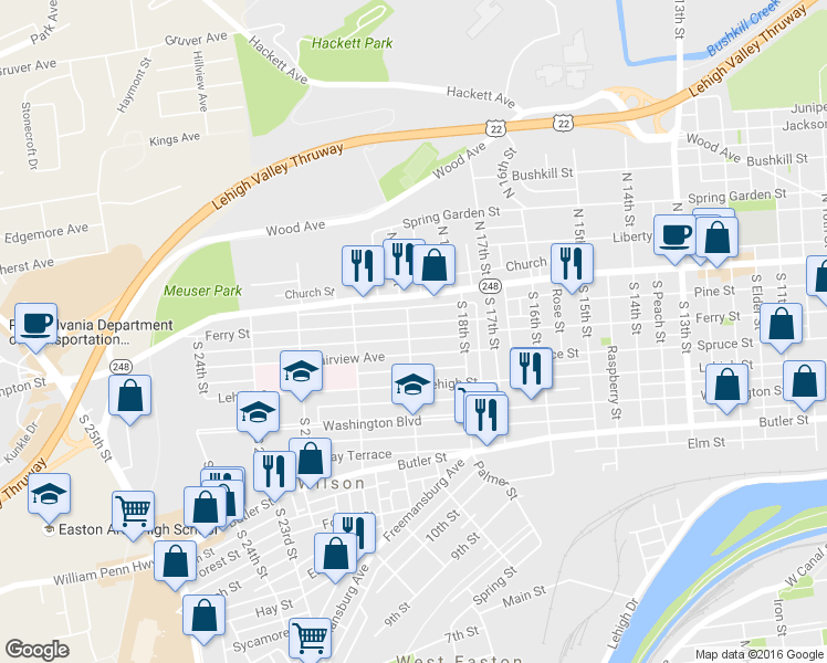 map of restaurants, bars, coffee shops, grocery stores, and more near 1864 Ferry Street in Easton