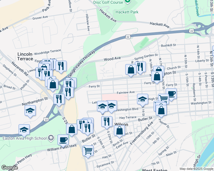 map of restaurants, bars, coffee shops, grocery stores, and more near 2131 Northampton Street in Easton