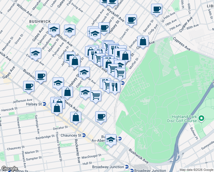 map of restaurants, bars, coffee shops, grocery stores, and more near 163 Cooper Street in Brooklyn