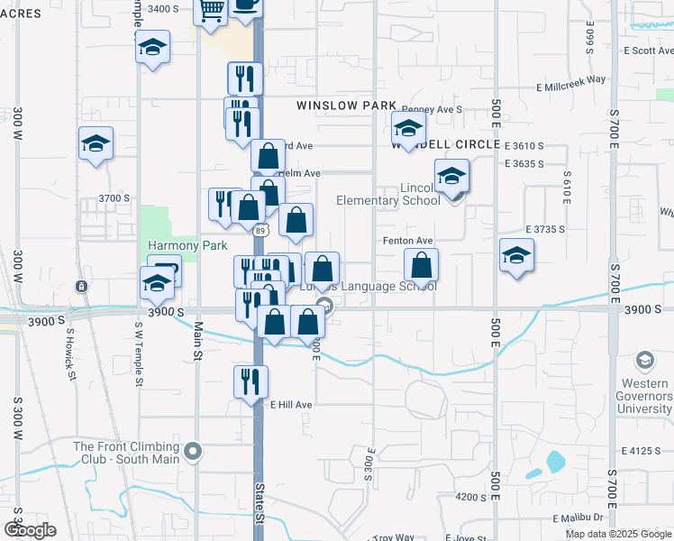 map of restaurants, bars, coffee shops, grocery stores, and more near 3840 Mccall Street in Salt Lake City