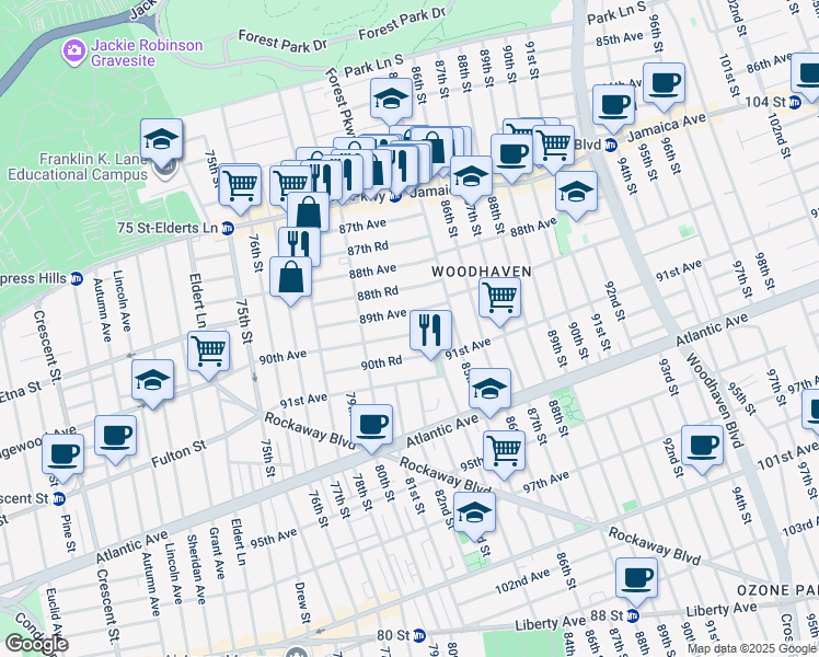 map of restaurants, bars, coffee shops, grocery stores, and more near 80-37 89th Avenue in Queens