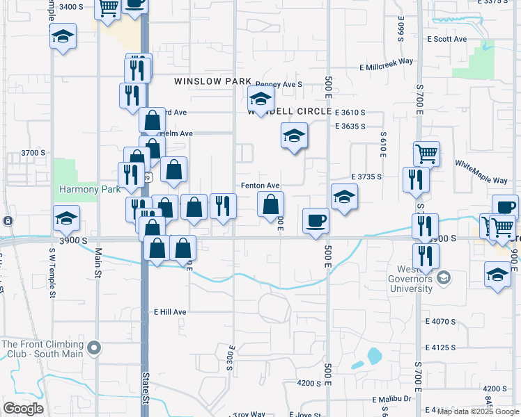 map of restaurants, bars, coffee shops, grocery stores, and more near 3780 South 400 East in South Salt Lake