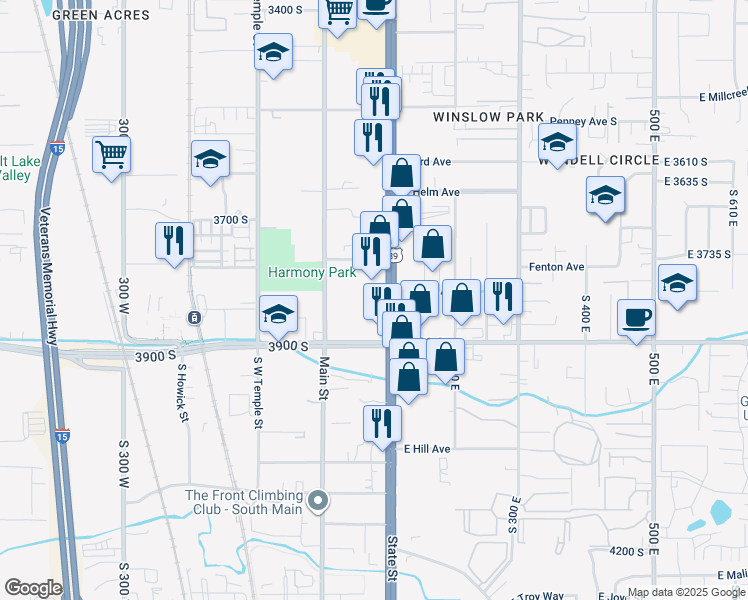 map of restaurants, bars, coffee shops, grocery stores, and more near 74 E 3750 S in Salt Lake City