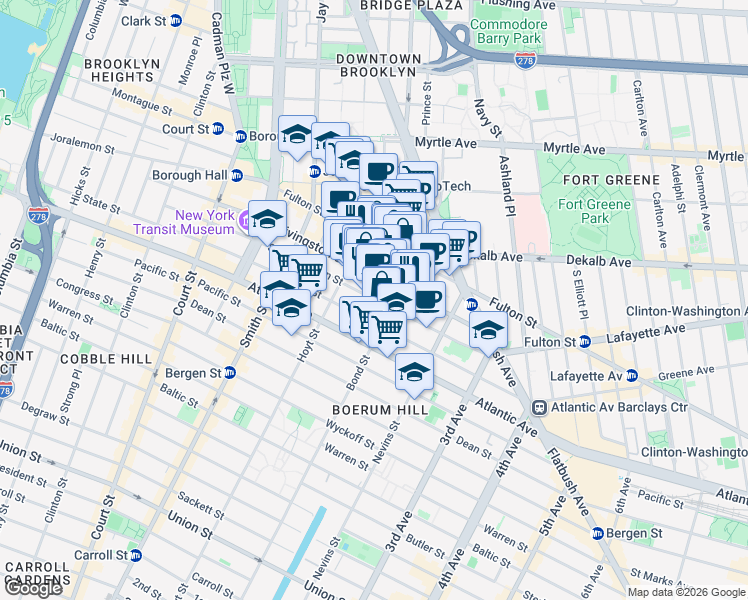 map of restaurants, bars, coffee shops, grocery stores, and more near 232 Schermerhorn Street in Brooklyn