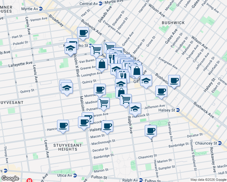 map of restaurants, bars, coffee shops, grocery stores, and more near 950 Gates Avenue in Brooklyn