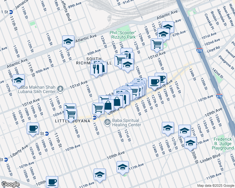 map of restaurants, bars, coffee shops, grocery stores, and more near 103-5 121st Street in Queens
