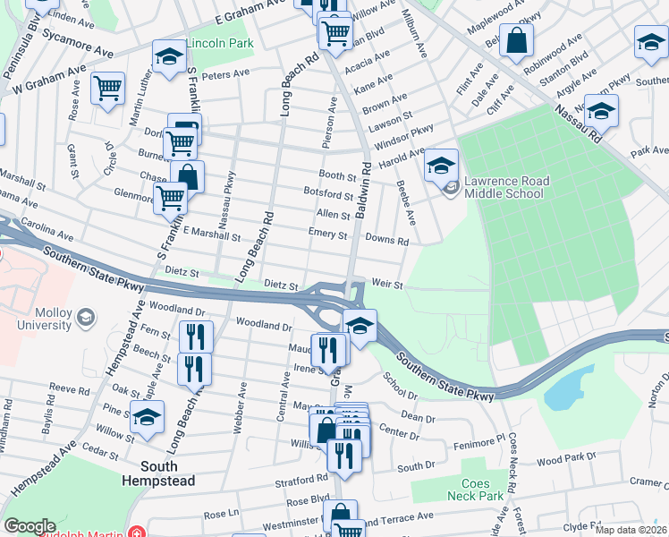 map of restaurants, bars, coffee shops, grocery stores, and more near 167 East Marshall Street in Hempstead
