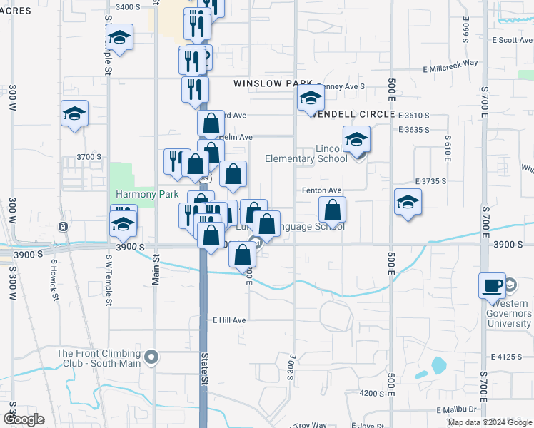 map of restaurants, bars, coffee shops, grocery stores, and more near 3840 Mccall Street in Salt Lake City