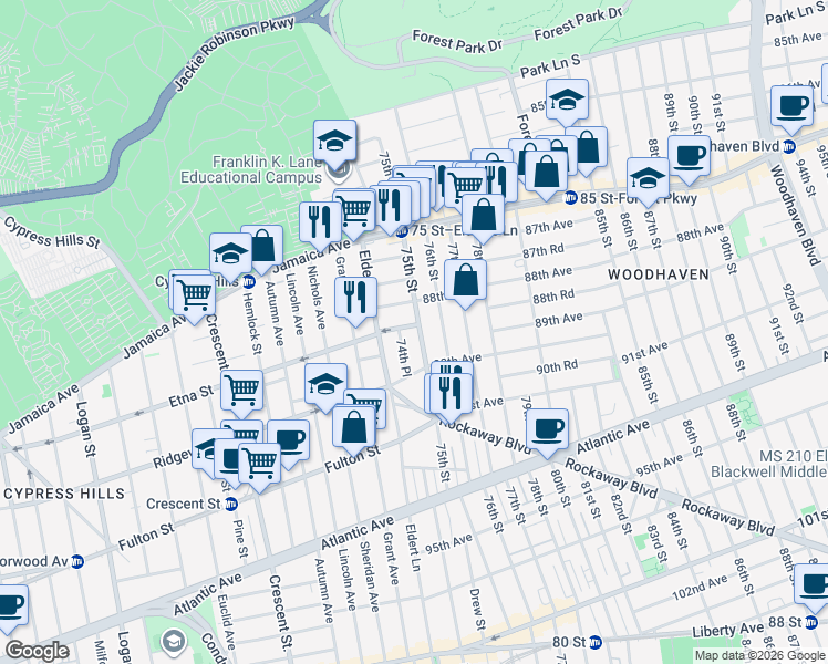 map of restaurants, bars, coffee shops, grocery stores, and more near 74-38 88th Avenue in Queens