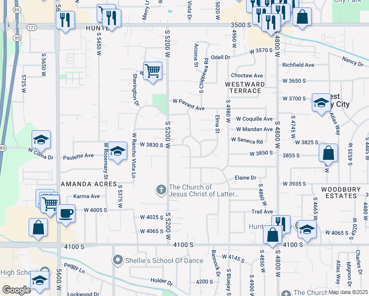 map of restaurants, bars, coffee shops, grocery stores, and more near 5133 West Village Wood Drive in West Valley City