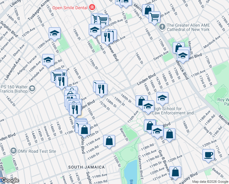 map of restaurants, bars, coffee shops, grocery stores, and more near 112-63 Bedell Street in Queens