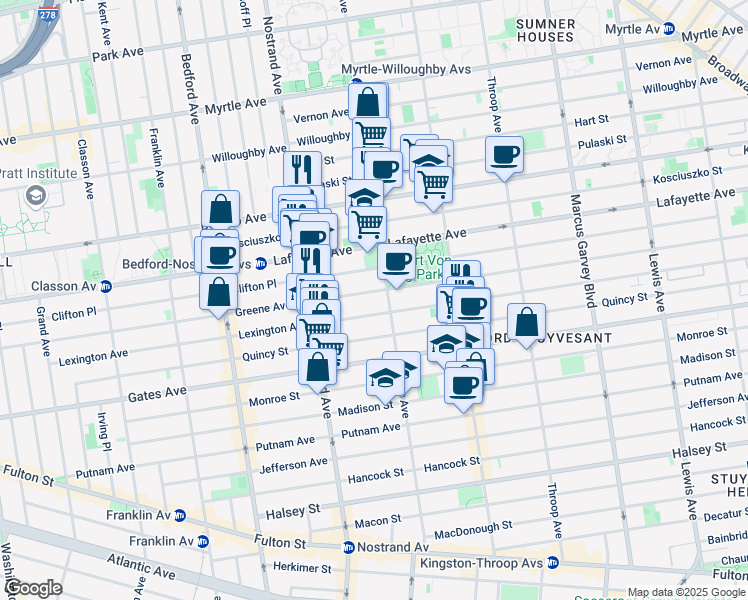 map of restaurants, bars, coffee shops, grocery stores, and more near 550 Greene Avenue in Brooklyn
