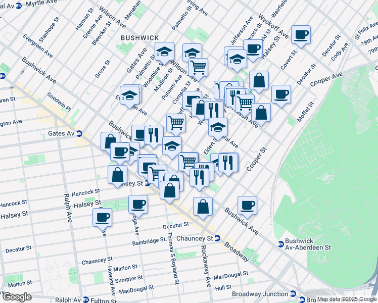 map of restaurants, bars, coffee shops, grocery stores, and more near 1077 Halsey Street in Brooklyn
