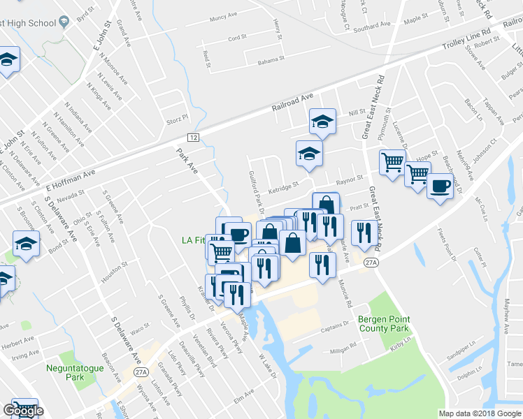 map of restaurants, bars, coffee shops, grocery stores, and more near Raynor Street & Guilford Park Drive in West Babylon