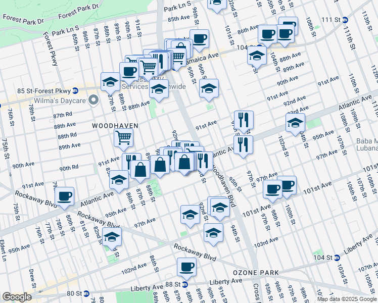 map of restaurants, bars, coffee shops, grocery stores, and more near 91-17 92nd Street in Queens