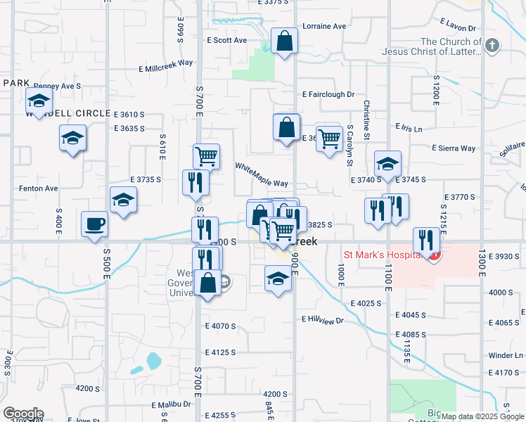 map of restaurants, bars, coffee shops, grocery stores, and more near 885 Meadow Pine Court in Salt Lake City