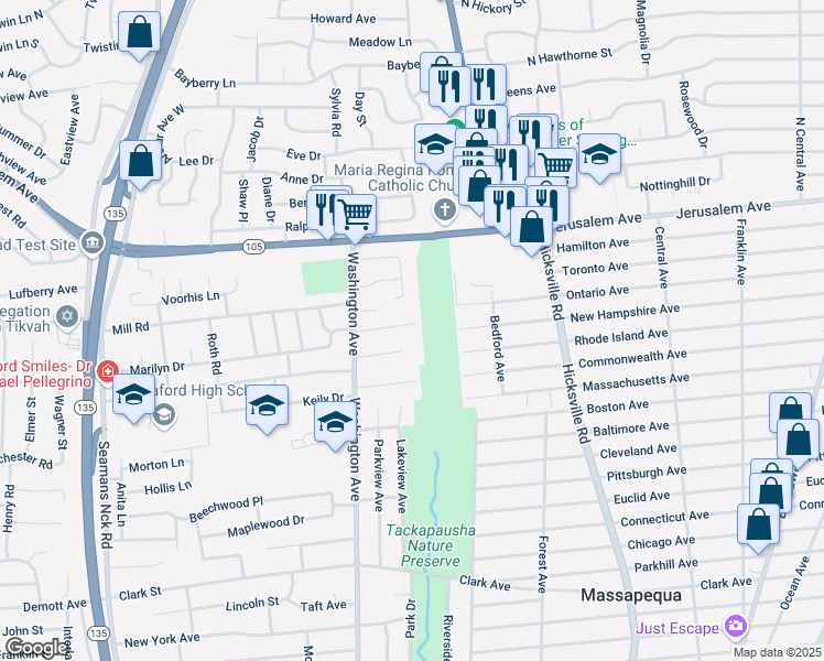 map of restaurants, bars, coffee shops, grocery stores, and more near 4072 Remsen Street in Seaford