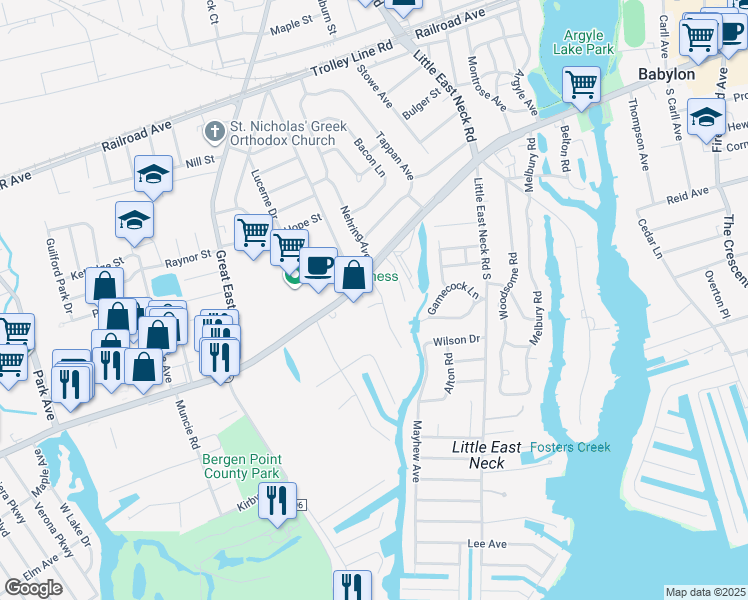 map of restaurants, bars, coffee shops, grocery stores, and more near 20 Mc Cue Lane in Babylon