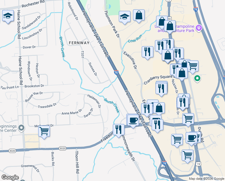 map of restaurants, bars, coffee shops, grocery stores, and more near 92 Robinhood Drive in Cranberry Township