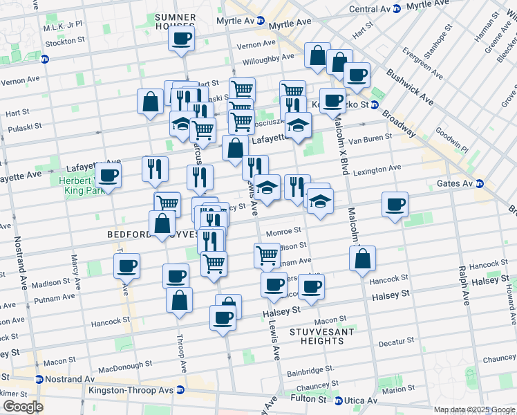 map of restaurants, bars, coffee shops, grocery stores, and more near 616 Quincy Street in Brooklyn