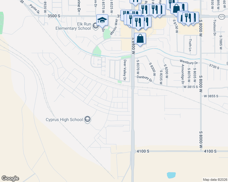 map of restaurants, bars, coffee shops, grocery stores, and more near 3831 South Cloud Peak Drive in Magna