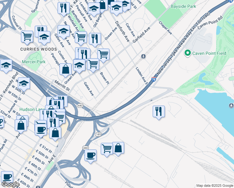 map of restaurants, bars, coffee shops, grocery stores, and more near 13 Linden Avenue East in Jersey City