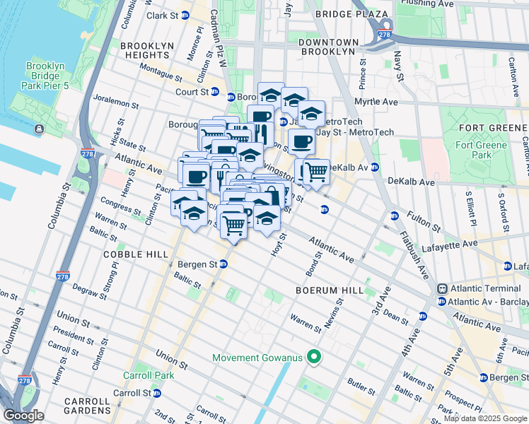 map of restaurants, bars, coffee shops, grocery stores, and more near 307 Atlantic Avenue in Brooklyn