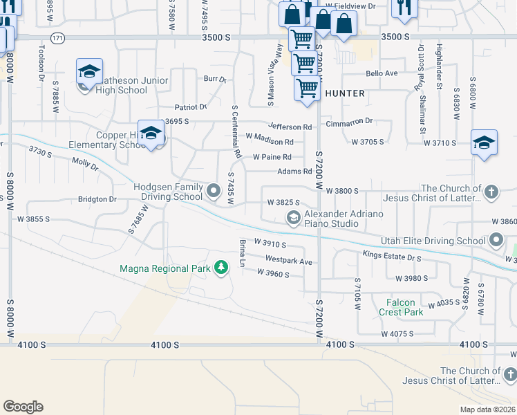 map of restaurants, bars, coffee shops, grocery stores, and more near 3834 South 7350 West in Magna