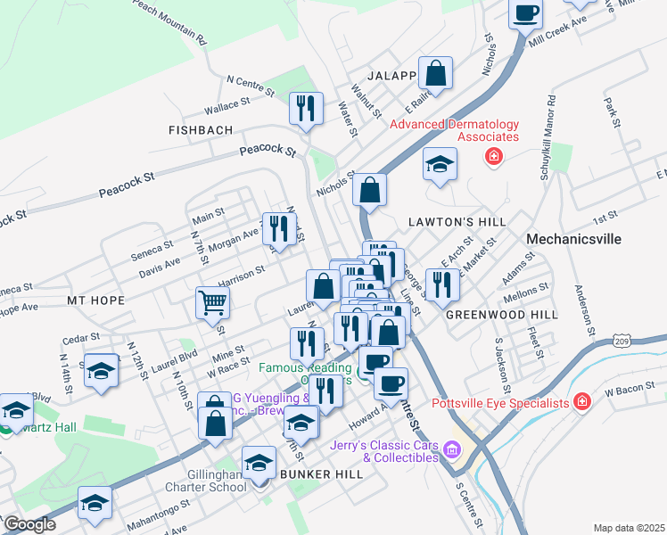map of restaurants, bars, coffee shops, grocery stores, and more near 502 North Centre Street in Pottsville
