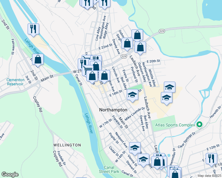 map of restaurants, bars, coffee shops, grocery stores, and more near 1826 Washington Avenue in Northampton