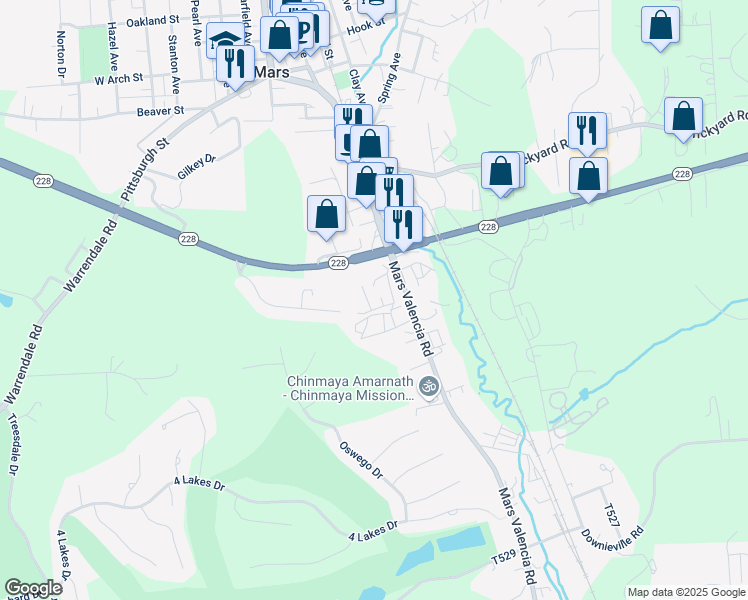 map of restaurants, bars, coffee shops, grocery stores, and more near 119 Oak Alley in Mars