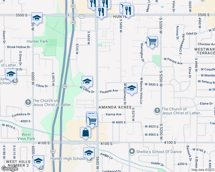 map of restaurants, bars, coffee shops, grocery stores, and more near 3835 South Claudia Street in West Valley City