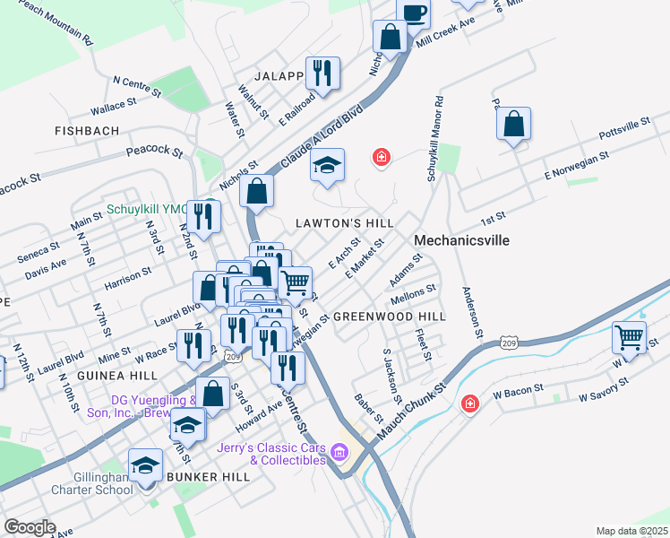 map of restaurants, bars, coffee shops, grocery stores, and more near 443 East Arch Street in Pottsville