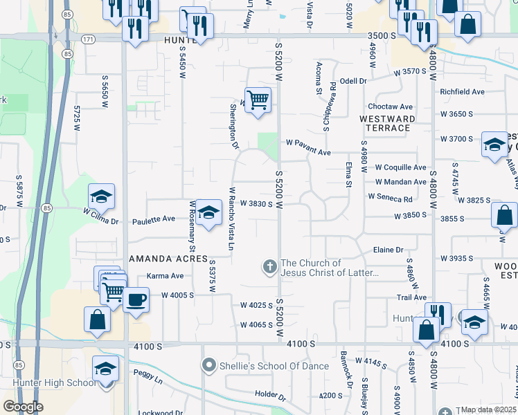 map of restaurants, bars, coffee shops, grocery stores, and more near 5255 West 3830 South in West Valley City