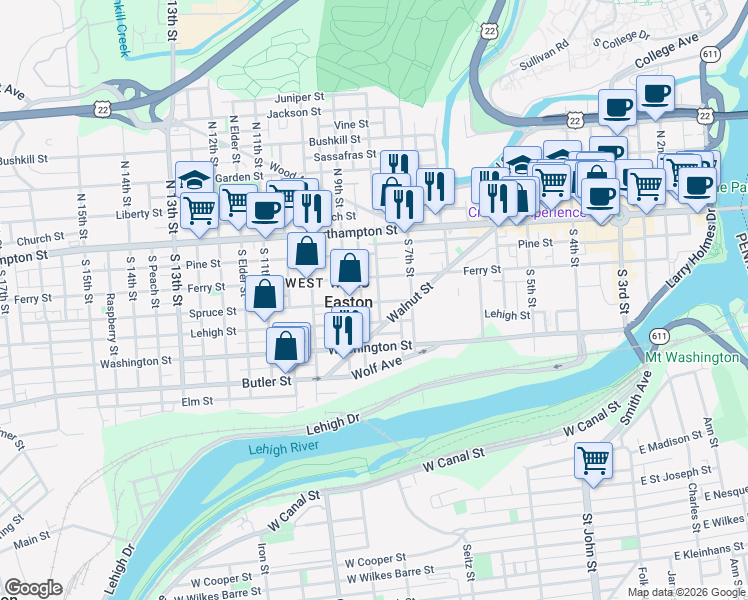 map of restaurants, bars, coffee shops, grocery stores, and more near 127 South 8th Street in Easton