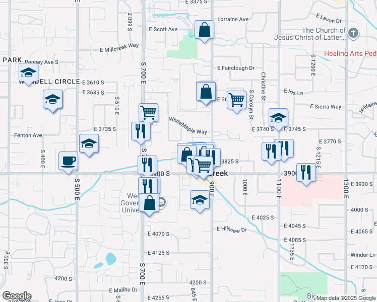 map of restaurants, bars, coffee shops, grocery stores, and more near 881 Maple View Drive in Millcreek
