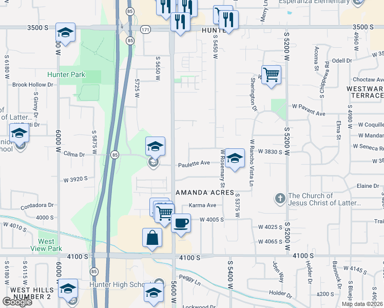 map of restaurants, bars, coffee shops, grocery stores, and more near 5530 Maudine Avenue in West Valley City