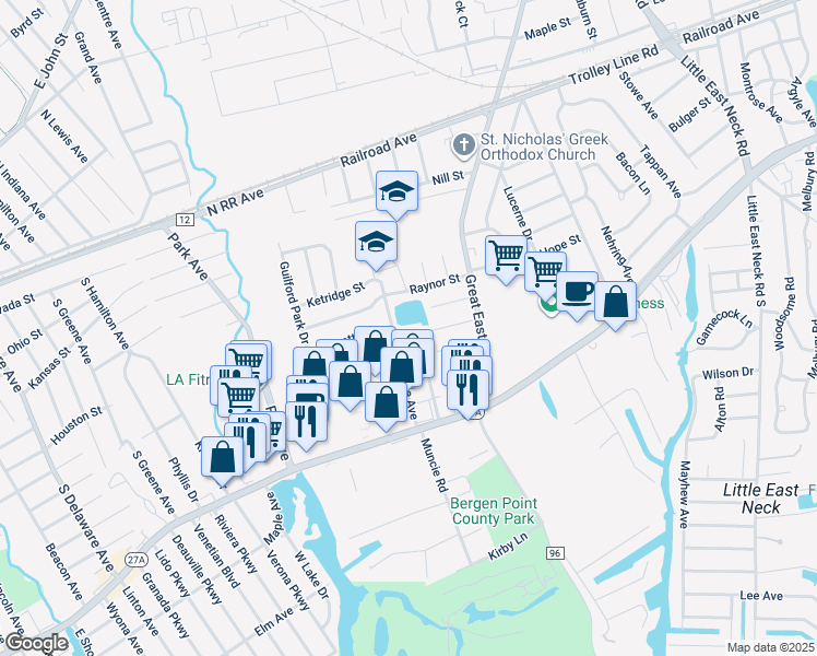 map of restaurants, bars, coffee shops, grocery stores, and more near 22 Abbott Street in West Babylon