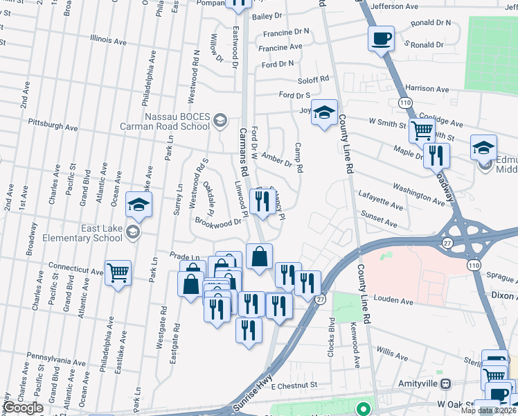 map of restaurants, bars, coffee shops, grocery stores, and more near 18 Denise Street in Massapequa