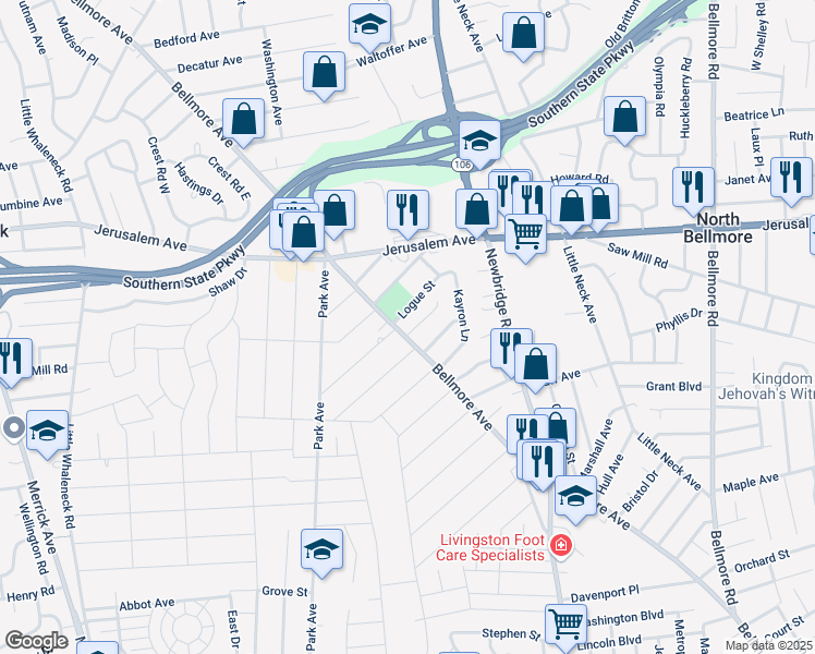 map of restaurants, bars, coffee shops, grocery stores, and more near 2417 Knob Hill Drive in North Bellmore