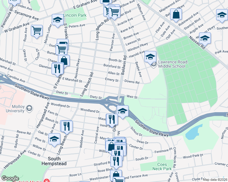map of restaurants, bars, coffee shops, grocery stores, and more near 167 East Marshall Street in Hempstead