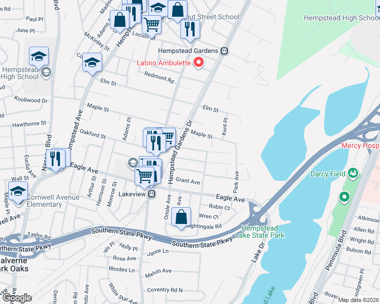 map of restaurants, bars, coffee shops, grocery stores, and more near 4 Frantone Court in West Hempstead
