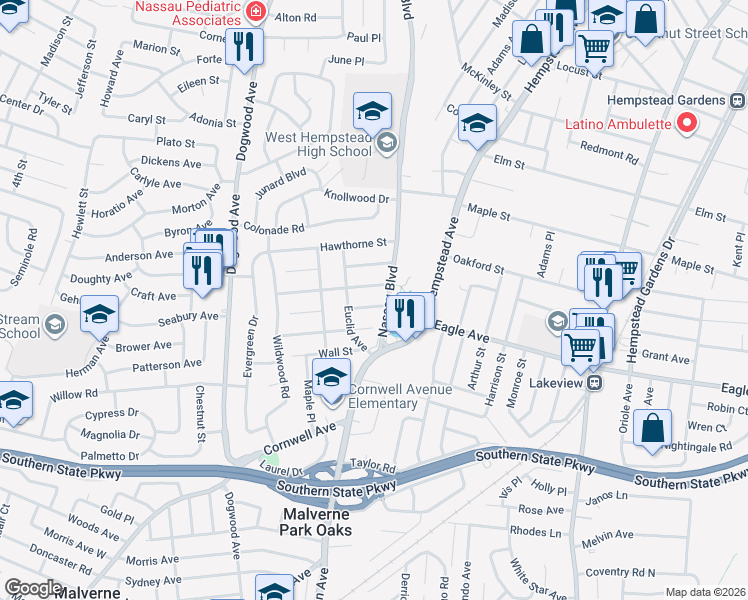 map of restaurants, bars, coffee shops, grocery stores, and more near 599 Washington Street in West Hempstead