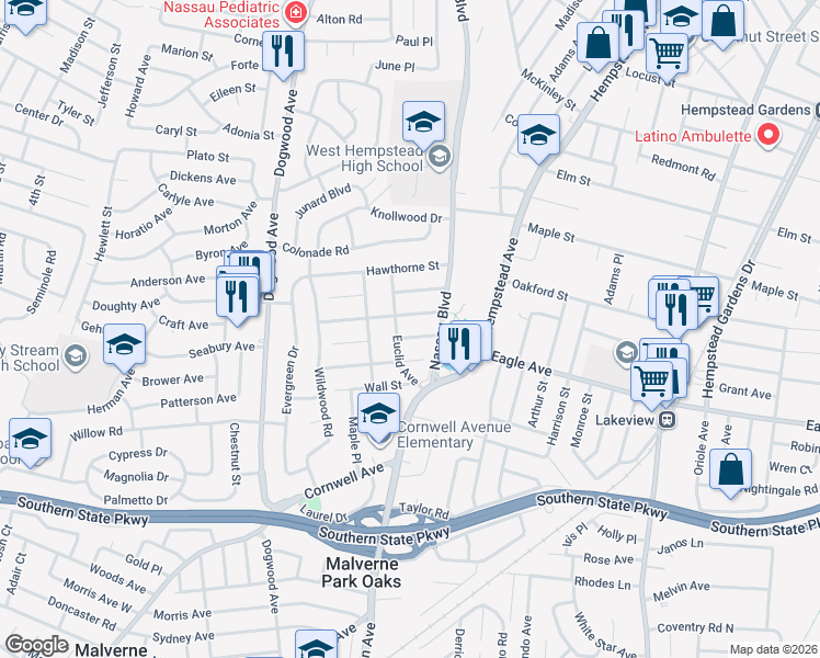 map of restaurants, bars, coffee shops, grocery stores, and more near 599 Washington Street in West Hempstead