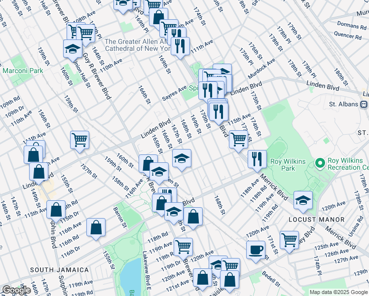 map of restaurants, bars, coffee shops, grocery stores, and more near 3 168th Street in Queens
