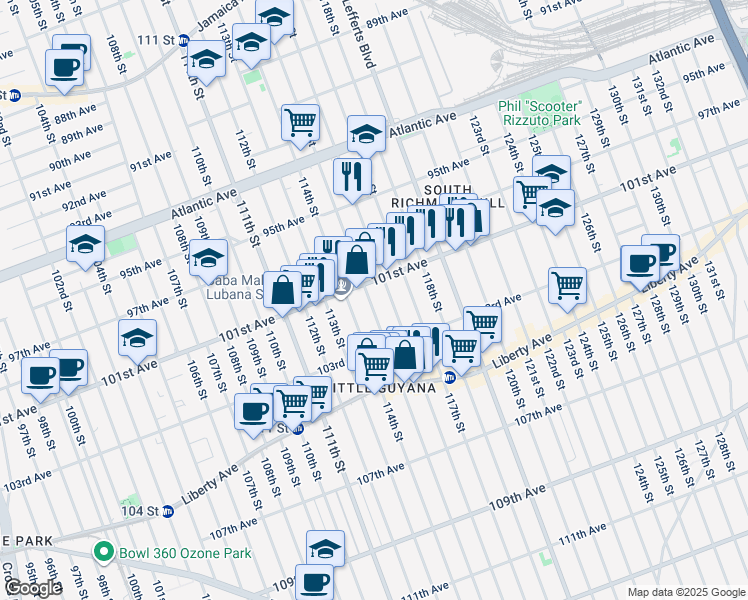 map of restaurants, bars, coffee shops, grocery stores, and more near 10102 116th Street in Queens